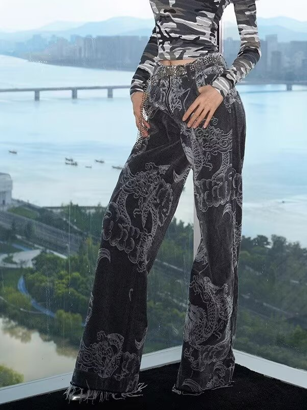 Dragon Embroidered Jeans Raw-edge Wide-leg Pants -- YKIIY  CLOTHING