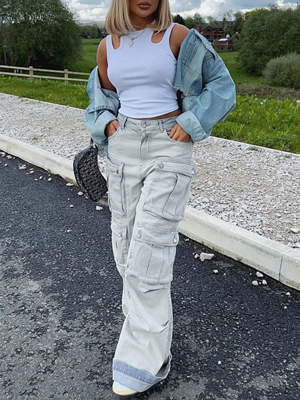 Fashion Straight Patch Pocket Cargo Vintage Jeans -- YKIIY  CLOTHING