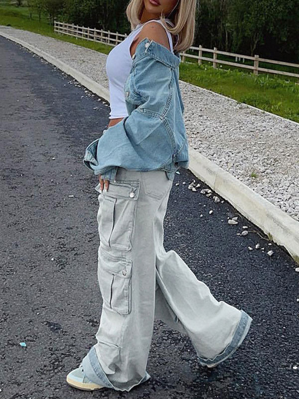 Fashion Straight Patch Pocket Cargo Vintage Jeans -- YKIIY  CLOTHING