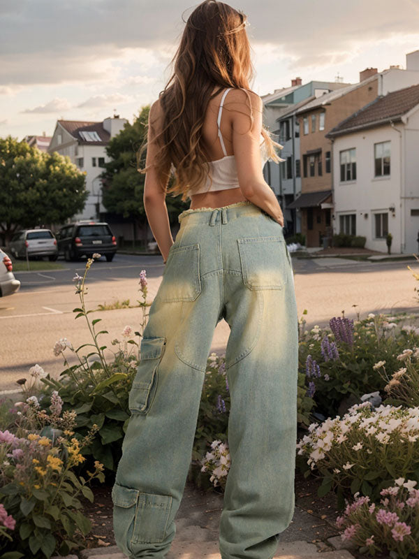 Frayed Trim Patch Pocket Zipper Washed Cargo Jeans -- YKIIY  CLOTHING