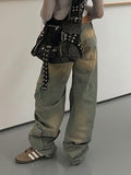 Frayed Trim Patch Pocket Zipper Washed Cargo Jeans -- YKIIY  CLOTHING
