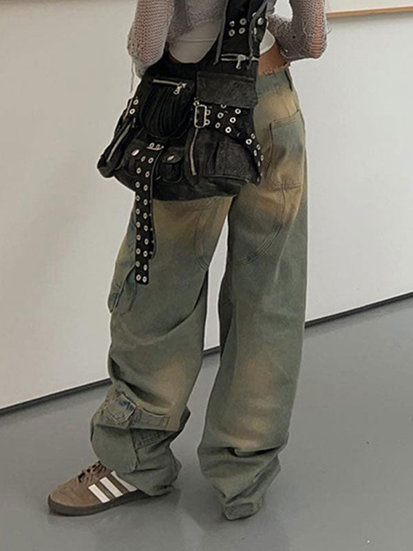 Frayed Trim Patch Pocket Zipper Washed Cargo Jeans -- YKIIY  CLOTHING