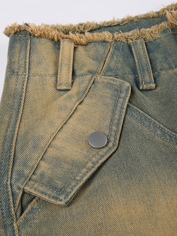 Frayed Trim Patch Pocket Zipper Washed Cargo Jeans -- YKIIY  CLOTHING