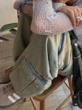 Frayed Trim Patch Pocket Zipper Washed Cargo Jeans -- YKIIY  CLOTHING