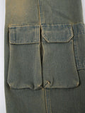 Frayed Trim Patch Pocket Zipper Washed Cargo Jeans -- YKIIY  CLOTHING