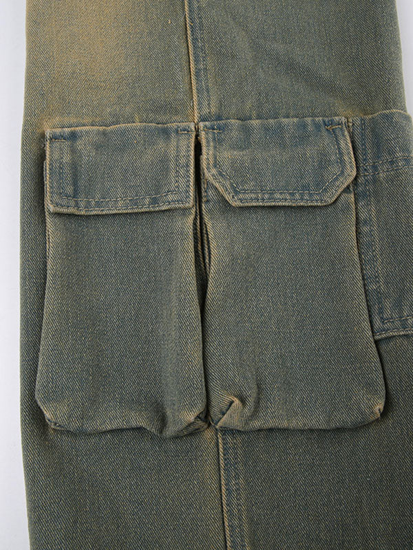 Frayed Trim Patch Pocket Zipper Washed Cargo Jeans -- YKIIY  CLOTHING