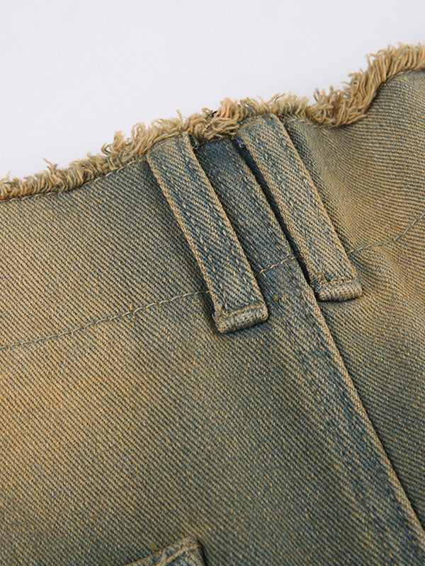 Frayed Trim Patch Pocket Zipper Washed Cargo Jeans -- YKIIY  CLOTHING
