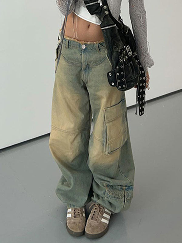 Frayed Trim Patch Pocket Zipper Washed Cargo Jeans -- YKIIY  CLOTHING