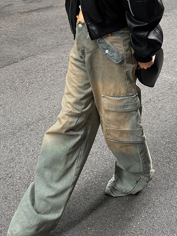 Frayed Trim Patch Pocket Zipper Washed Cargo Jeans -- YKIIY  CLOTHING