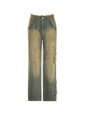 Frayed Trim Patch Pocket Zipper Washed Cargo Jeans -- YKIIY  CLOTHING