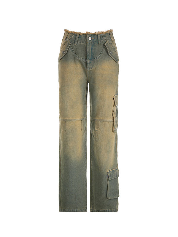 Frayed Trim Patch Pocket Zipper Washed Cargo Jeans -- YKIIY  CLOTHING