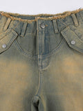 Frayed Trim Patch Pocket Zipper Washed Cargo Jeans -- YKIIY  CLOTHING