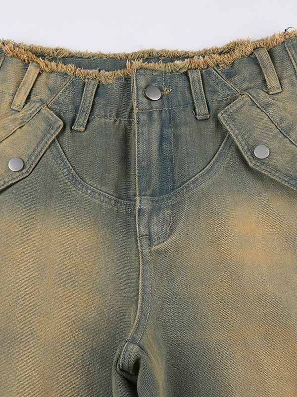 Frayed Trim Patch Pocket Zipper Washed Cargo Jeans -- YKIIY  CLOTHING
