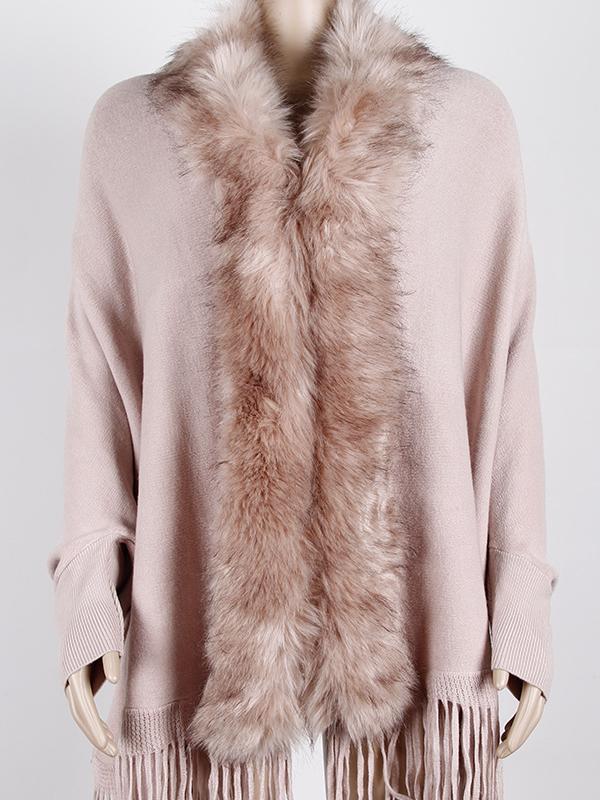 Fringed Cape Shawl Fur Collar Knitted Coat -- YKIIY  CLOTHING