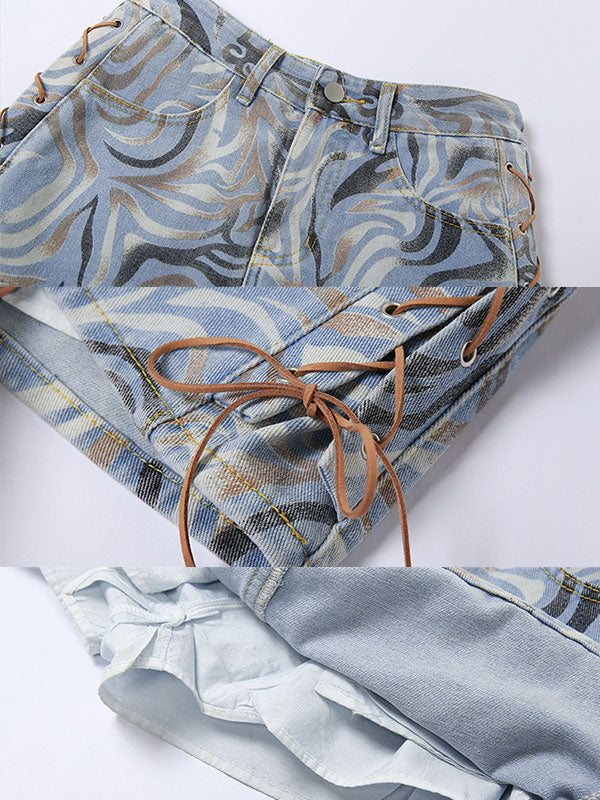 Geometric Print Lace Up Denim Skirt -- YKIIY  CLOTHING