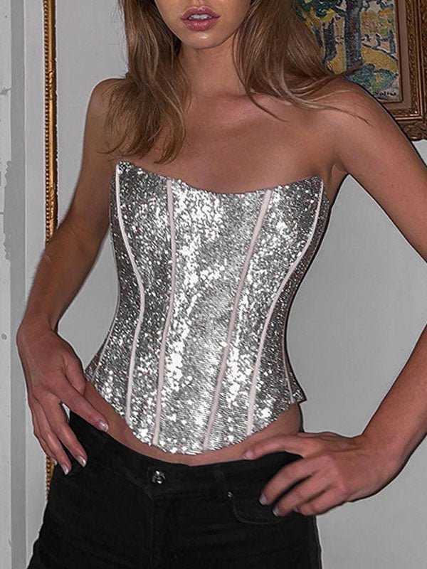 Glitter Push Up Lace Up Corset Top -- YKIIY  CLOTHING