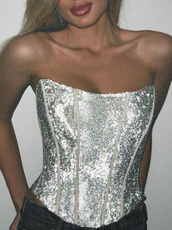 Glitter Push Up Lace Up Corset Top -- YKIIY  CLOTHING