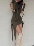 Hooded Collar Asymmetric Hem Dress -- YKIIY  CLOTHING