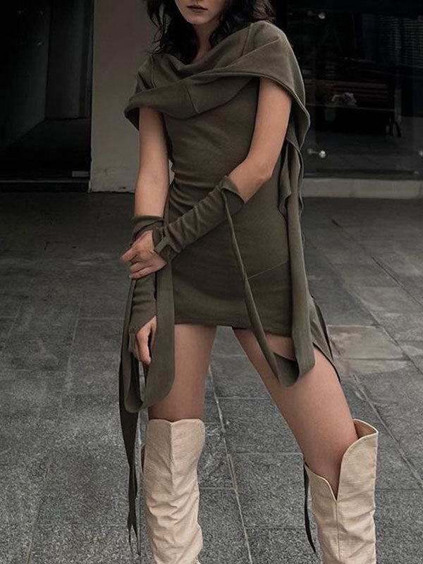 Hooded Collar Asymmetric Hem Dress -- YKIIY  CLOTHING