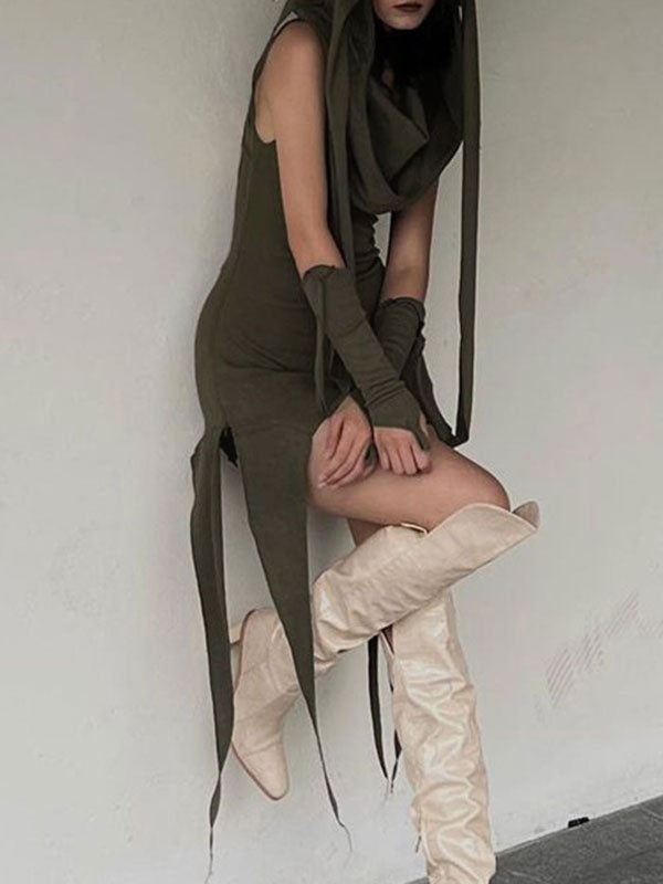 Hooded Collar Asymmetric Hem Dress -- YKIIY  CLOTHING