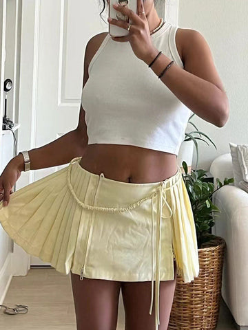 Lace Up Solid Pleated Mini Skirt -- YKIIY  CLOTHING
