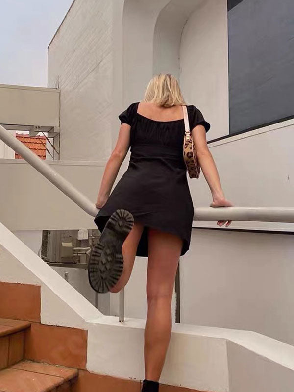 Lace Up V Neck Solid Black Mini Dress -- YKIIY  CLOTHING