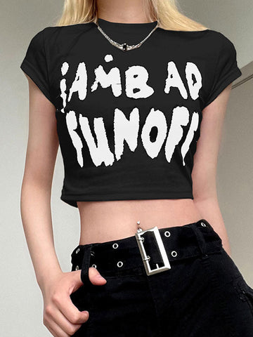 Letter Print Color Block Crop Top -- YKIIY  CLOTHING