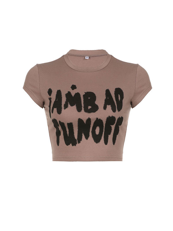 Letter Print Color Block Crop Top -- YKIIY  CLOTHING