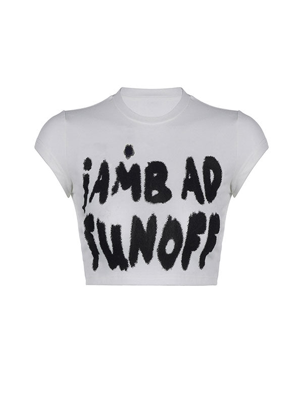 Letter Print Color Block Crop Top -- YKIIY  CLOTHING