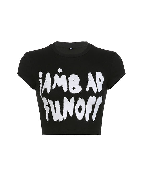 Letter Print Color Block Crop Top -- YKIIY  CLOTHING