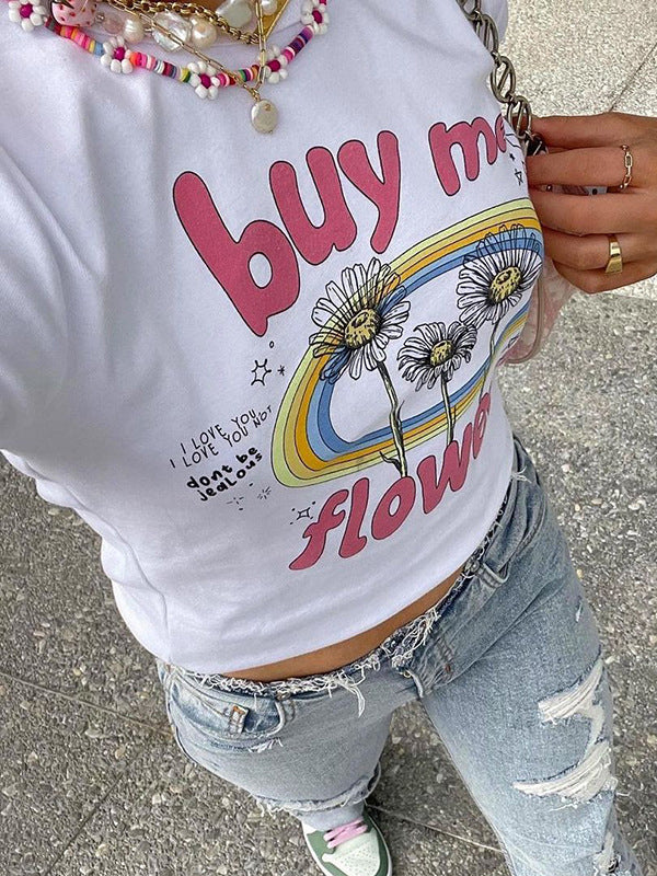 Letters Floral Printed Round Neck T-Shirt -- YKIIY  CLOTHING