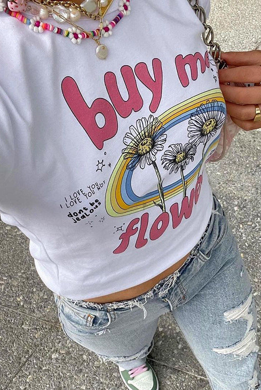 Letters Floral Printed Round Neck T-Shirt