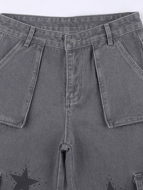 Low-Rise Star Print Oversized Pocket Straight Cargo Jeans -- YKIIY  CLOTHING
