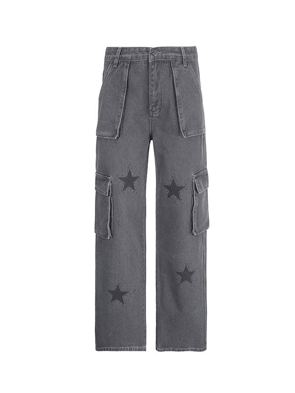 Low-Rise Star Print Oversized Pocket Straight Cargo Jeans -- YKIIY  CLOTHING