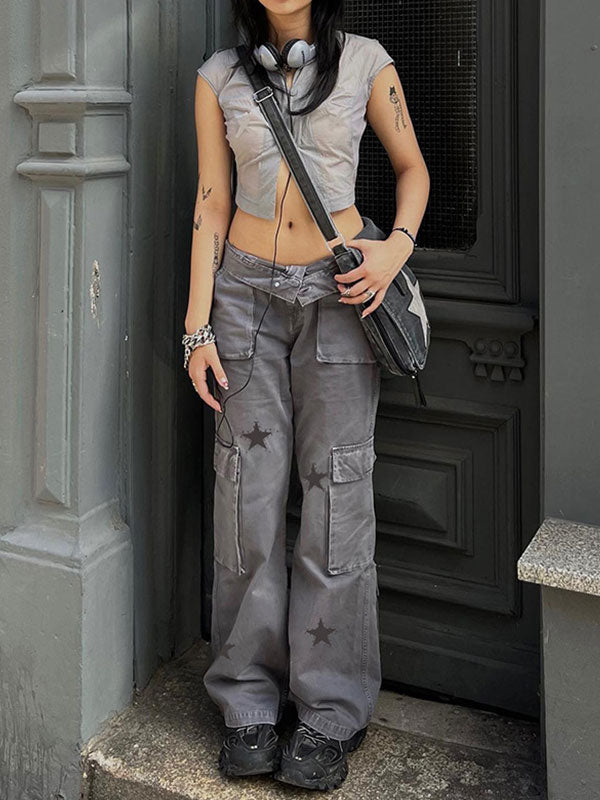 Low-Rise Star Print Oversized Pocket Straight Cargo Jeans -- YKIIY  CLOTHING