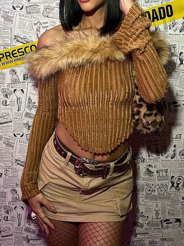 Off Shoulder Faux Fur Patchwork T-Shirt -- YKIIY  CLOTHING