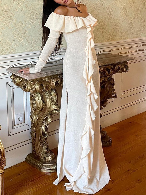 Off Shoulder Side Slit Maxi Dress -- YKIIY  CLOTHING