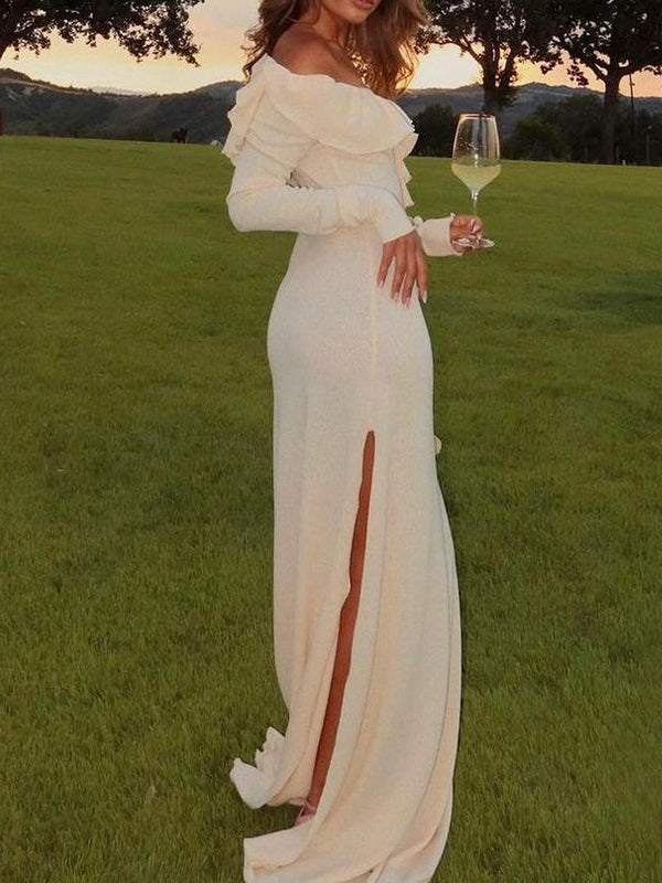 Off Shoulder Side Slit Maxi Dress -- YKIIY  CLOTHING