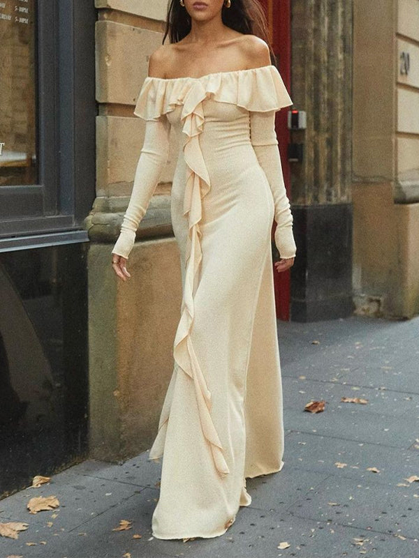 Off Shoulder Side Slit Maxi Dress -- YKIIY  CLOTHING
