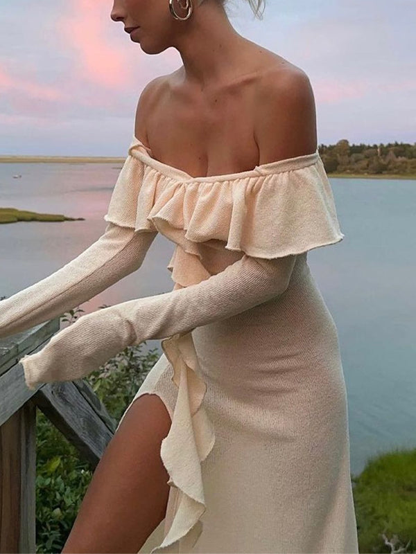 Off Shoulder Side Slit Maxi Dress -- YKIIY  CLOTHING
