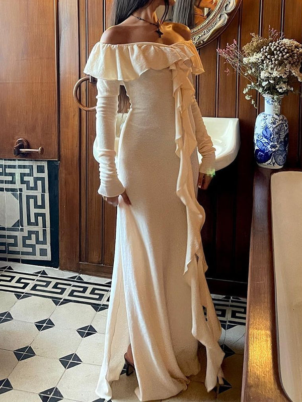 Off Shoulder Side Slit Maxi Dress -- YKIIY  CLOTHING