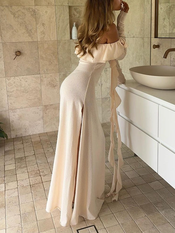Off Shoulder Side Slit Maxi Dress -- YKIIY  CLOTHING