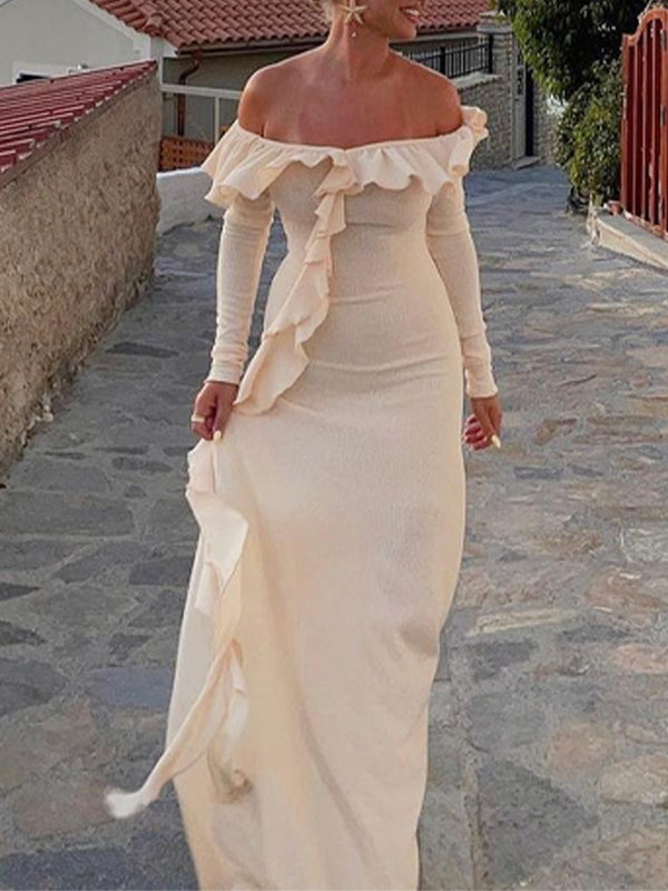 Off Shoulder Side Slit Maxi Dress -- YKIIY  CLOTHING