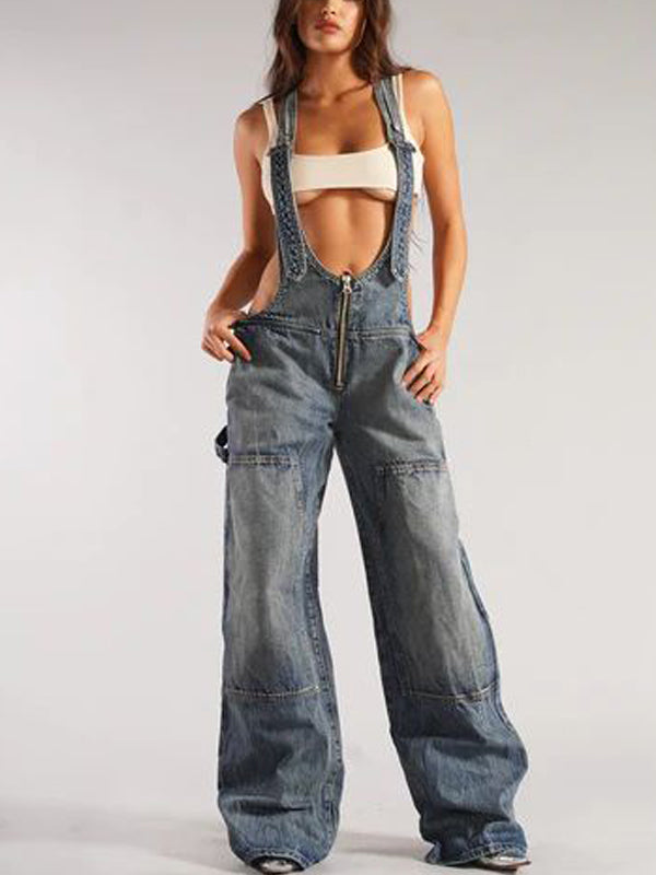 Patch Pocket Zipper Denim Overall Pants -- YKIIY  CLOTHING