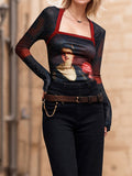 Patchwork Mesh Square Neck T-Shirt -- YKIIY  CLOTHING