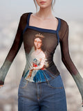 Patchwork Mesh Square Neck T-Shirt -- YKIIY  CLOTHING