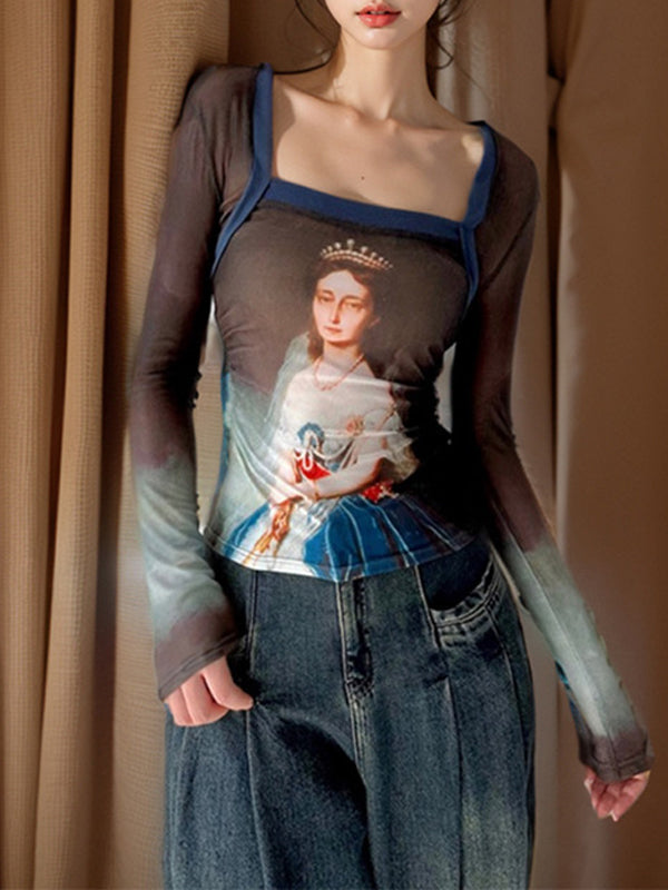 Patchwork Mesh Square Neck T-Shirt -- YKIIY  CLOTHING