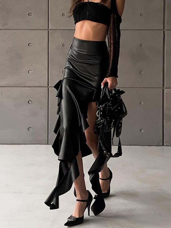 Plain Flounce Asymmetric Hem Skirt -- YKIIY  CLOTHING