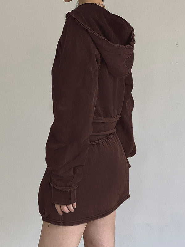 Plain Hooded Zipper Two Piece Set -- YKIIY  CLOTHING