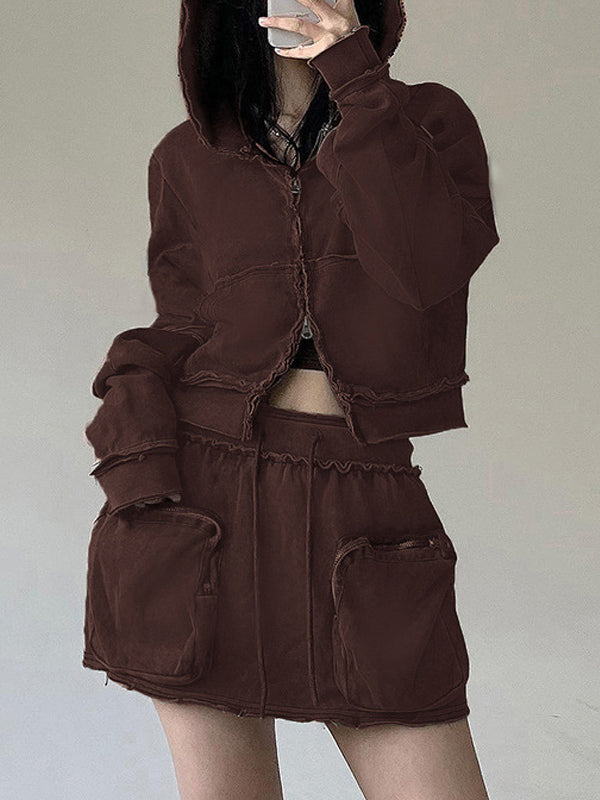 Plain Hooded Zipper Two Piece Set -- YKIIY  CLOTHING